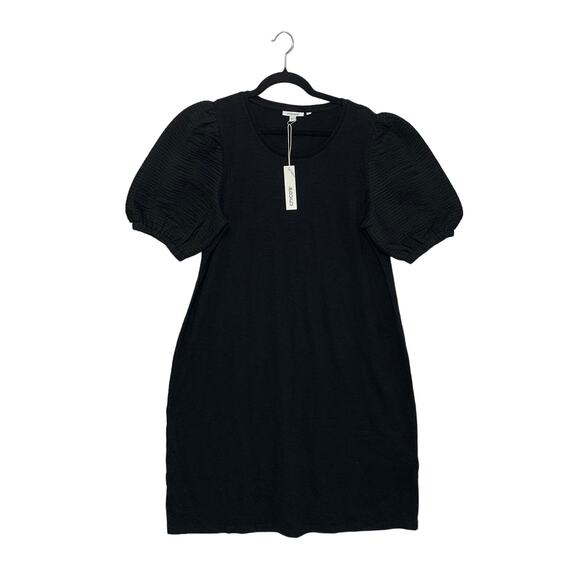 Chico's Textured Puff Sleeve Mini Dress Womens Sz 2 (L) Black Modal Quiet Luxury - Picture 1 of 6